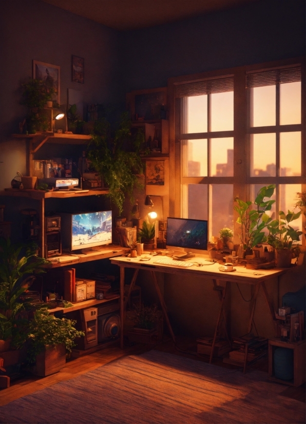 Plant, Building, Houseplant, Computer, Wood, Table