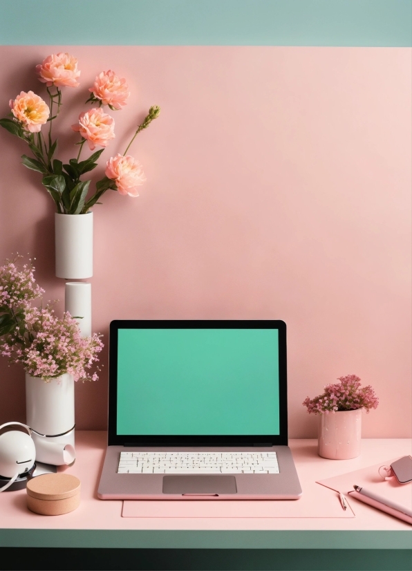 Computer, Table, Plant, Flower, Personal Computer, Furniture