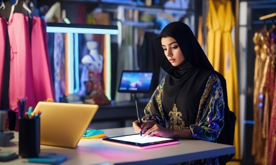 Table, Computer, Purple, Human, Desk, Fashion Design