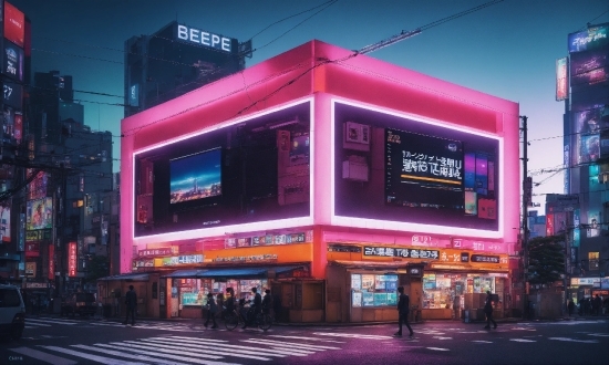 Building, Sky, Billboard, Pink, Magenta, City