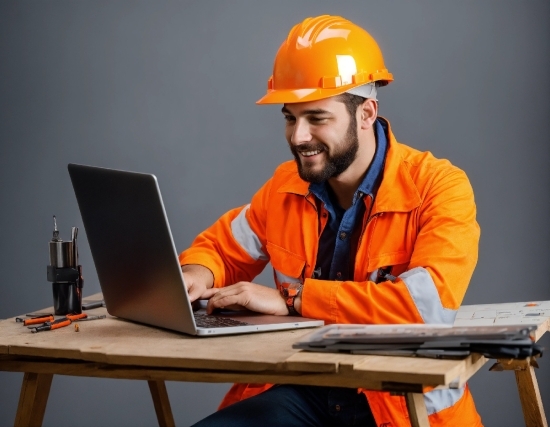 Computer, Personal Computer, Laptop, Smile, Hard Hat, Workwear