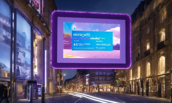 Window, Automotive Lighting, Building, Purple, Sky, Billboard