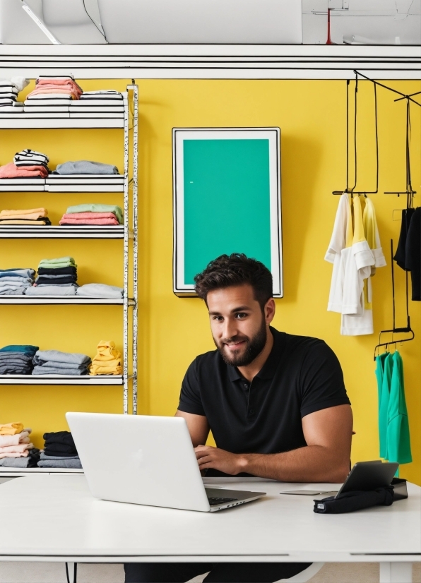 Personal Computer, Computer, Laptop, Table, Yellow, T-shirt