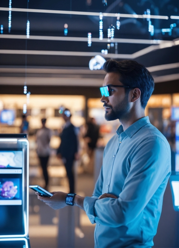 Blue, Dress Shirt, Vision Care, Flash Photography, Standing, Eyewear