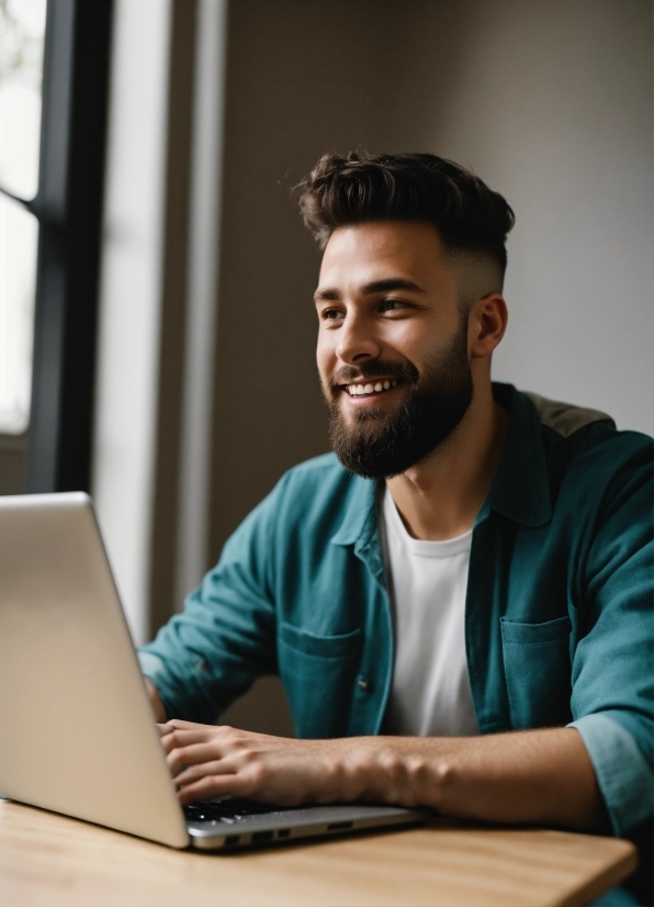 Smile, Computer, Personal Computer, Laptop, Beard, Table