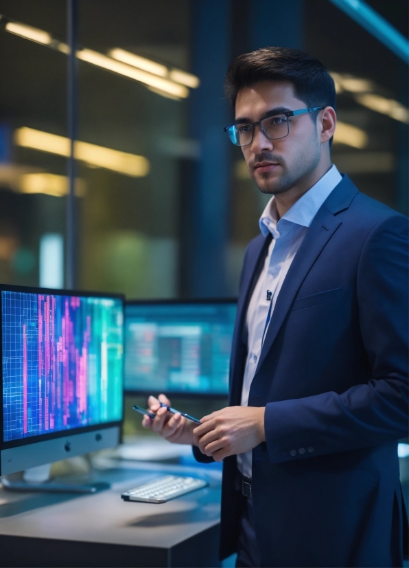 Glasses, Computer, Personal Computer, Blue, Dress Shirt, Peripheral