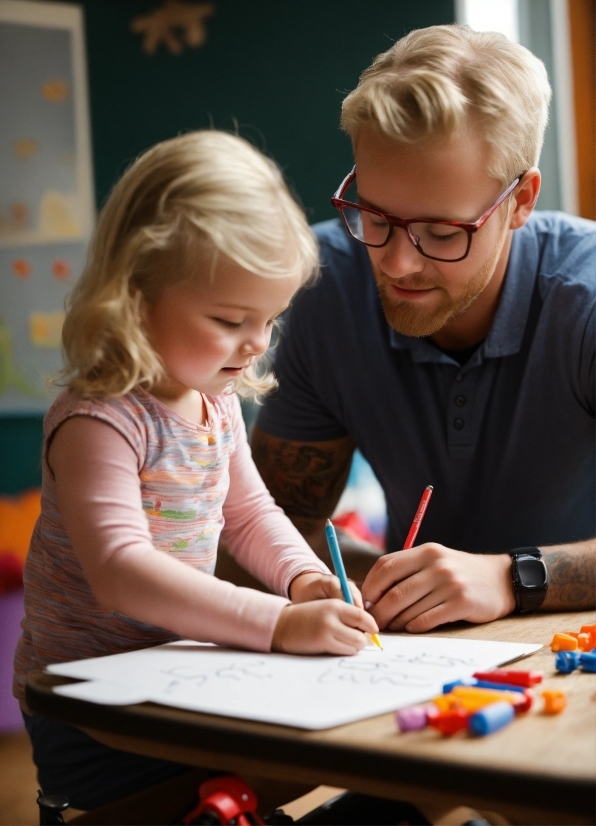 Glasses, Watch, Table, Desk, Chair, Child