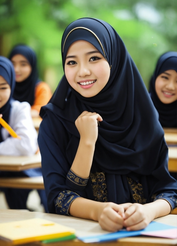 Smile, Outerwear, Sleeve, Abaya, Happy, Table