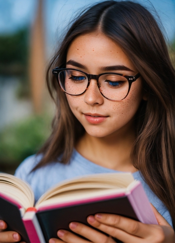 Glasses, Lip, Vision Care, Facial Expression, Book, Human