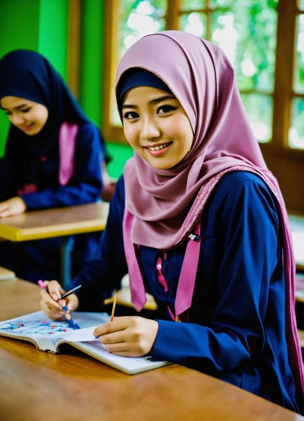 Smile, Purple, Human, Abaya, Community, Headgear