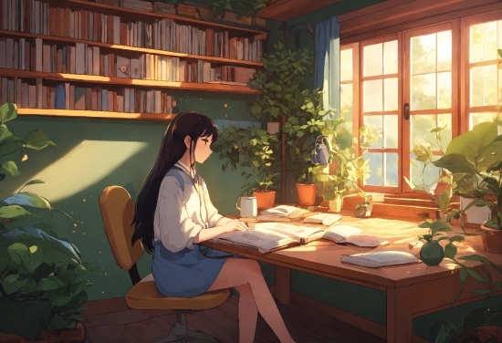 Plant, Furniture, Window, Table, Bookcase, Shelf