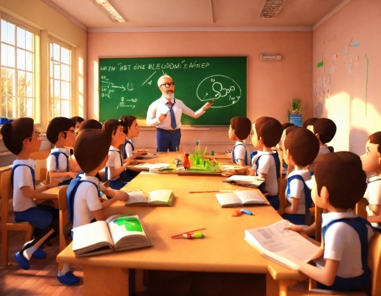 Table, Furniture, Chair, School Uniform, Window, Sharing