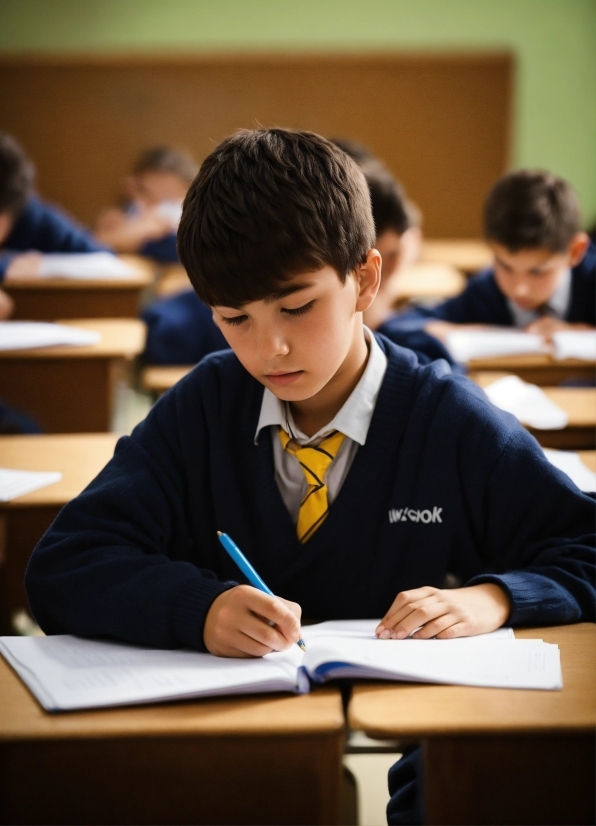 Table, School Uniform, Desk, Chair, Tie, Event