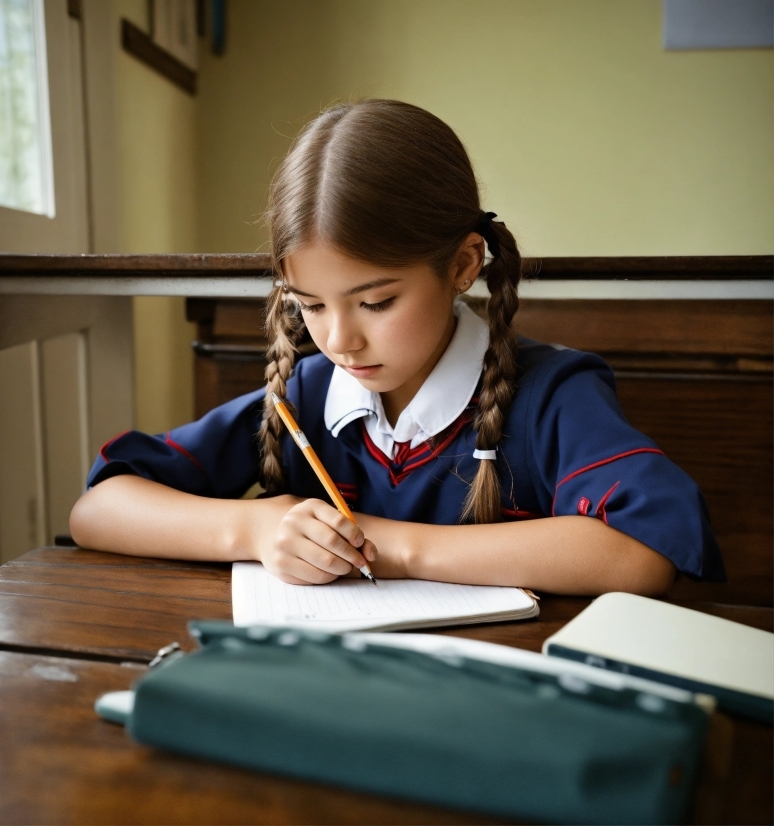 Table, Desk, School Uniform, Chair, Gadget, Writing Instrument Accessory