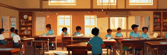 Table, Furniture, Window, Building, Sharing, School Uniform