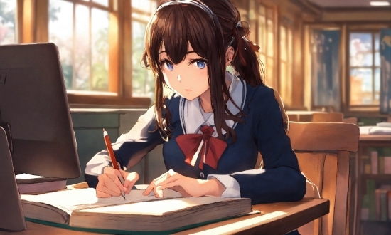 Window, Table, Cartoon, School Uniform, Writing Implement, Desk