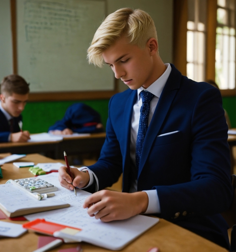 Table, Desk, Tie, Suit, Window, Blazer