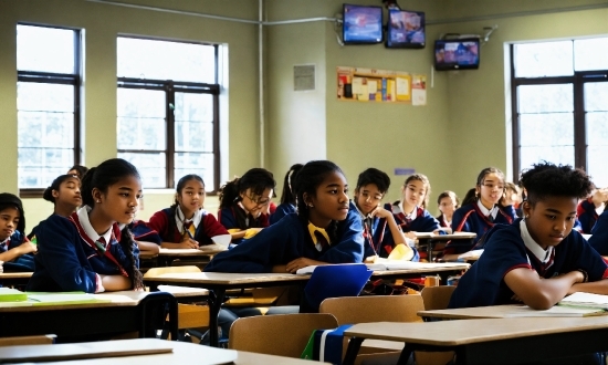 Table, Shirt, Furniture, Window, School Uniform, Television