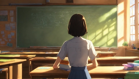 Table, Plant, School Uniform, Window, Teacher, Blackboard