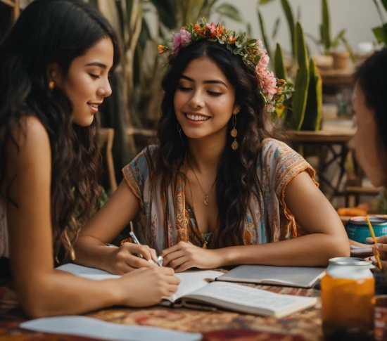 Smile, Hairstyle, Facial Expression, Table, Tableware, Orange