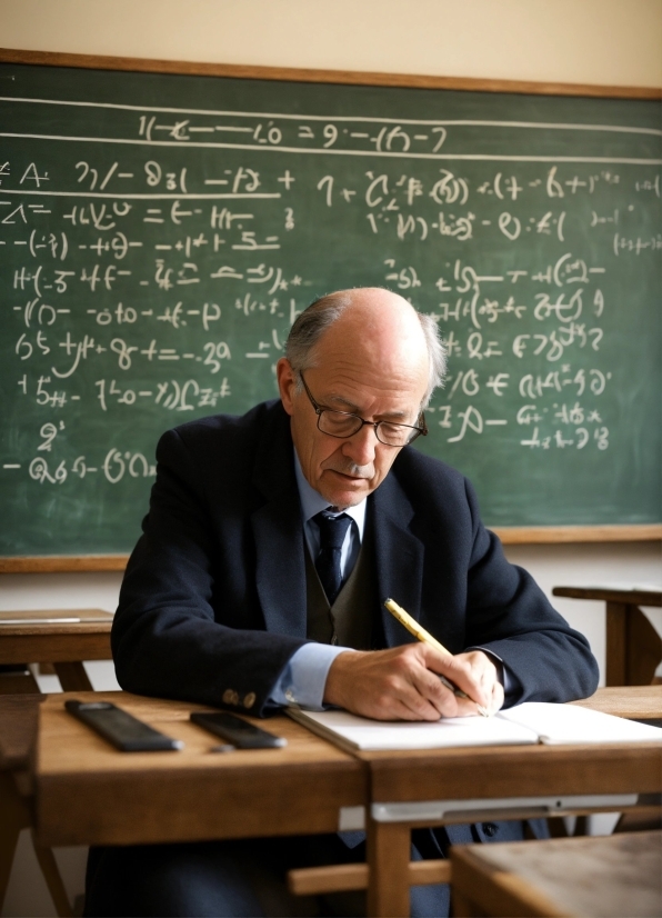 Glasses, Table, Furniture, Handwriting, Tie, Blackboard