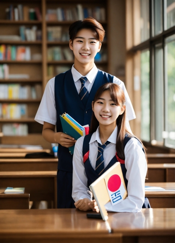 Smile, School Uniform, Table, Shelf, Window, Happy