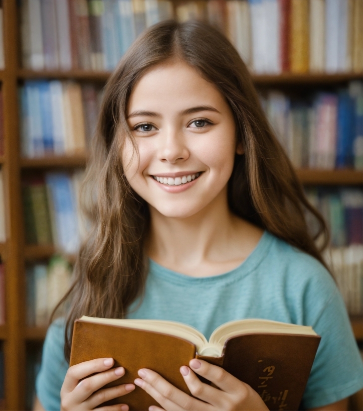 Clothing, Face, Smile, Shelf, Gesture, Bookcase