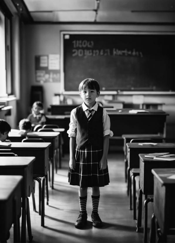 Standing, Black-and-white, School Uniform, Style, Tartan, Table