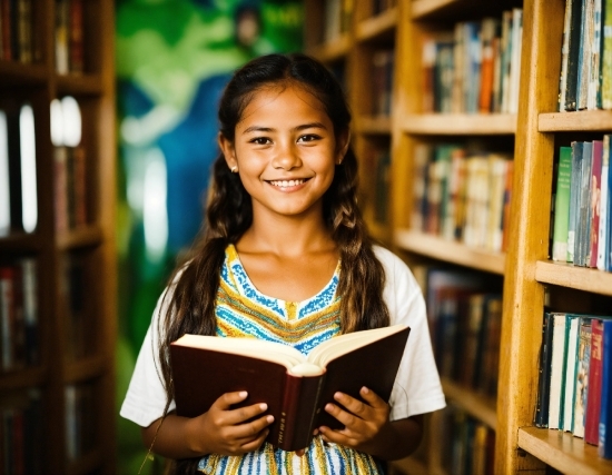 Smile, Bookcase, Book, Shelf, Publication, Happy