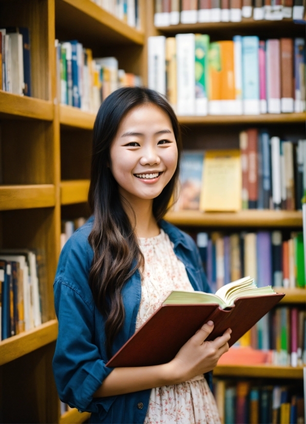 Clothing, Smile, Bookcase, Shelf, Furniture, Book