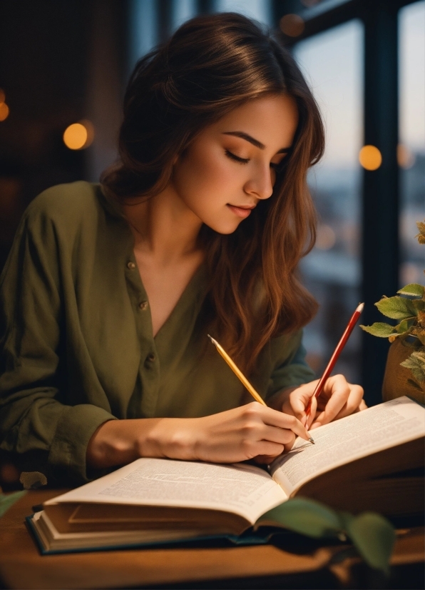 Plant, Book, Human, Fashion, Long Hair, Writing Instrument Accessory