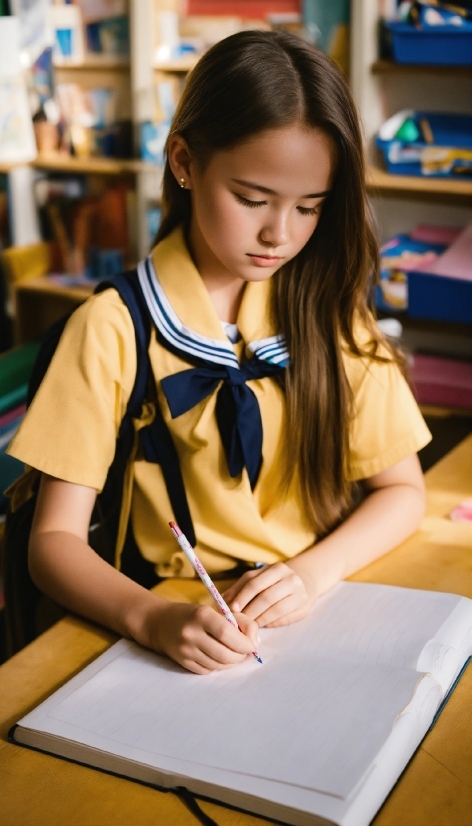 Hand, Fashion, Table, School Uniform, Desk, Chair