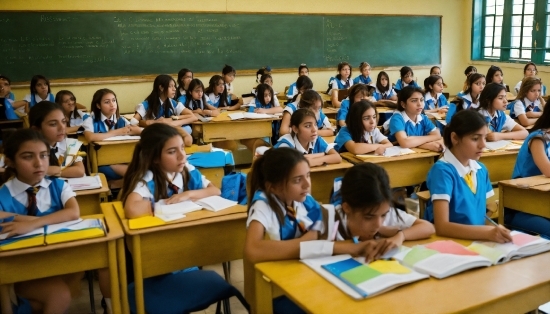 Table, School Uniform, T-shirt, Academic Institution, Window, Class