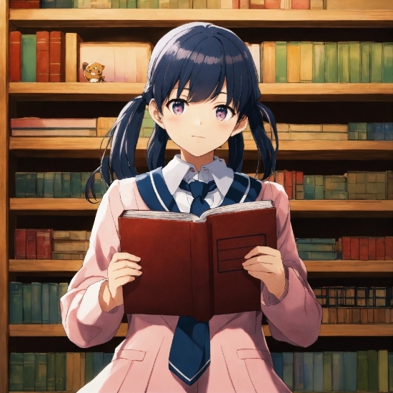 Bookcase, Book, Shelf, School Uniform, Cartoon, Publication