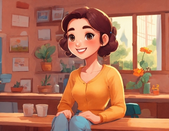 Smile, Table, Plant, Window, Cartoon, Happy