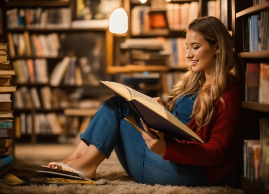 Shoe, Bookcase, Shelf, Human, Publication, Smile