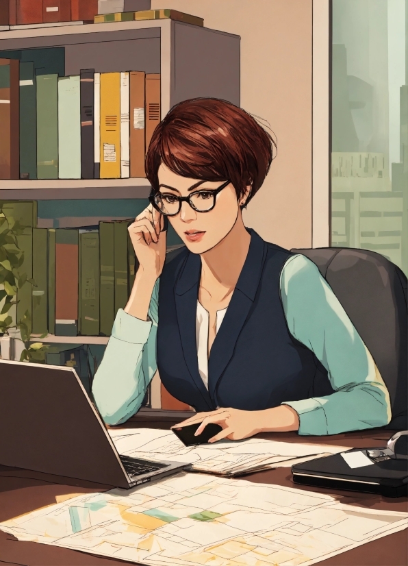 Vision Care, Cartoon, Plant, Eyewear, Laptop, White-collar Worker