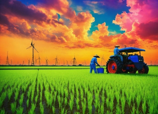 Cloud, Sky, Tire, Wheel, Tractor, Vehicle