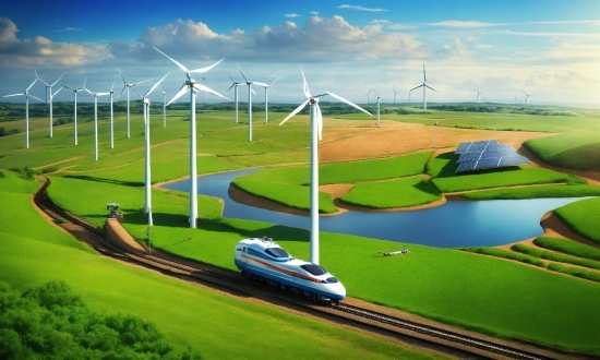 Sky, Windmill, Water, Train, Vehicle, Cloud