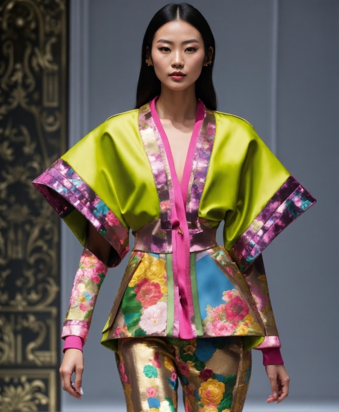 Hair, Sleeve, Waist, Silk, Yellow, Runway