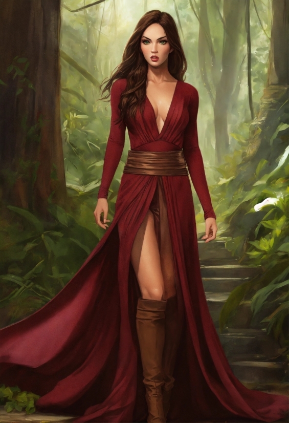 Thigh, Red, Fashion Design, Black Hair, Tree, Gown