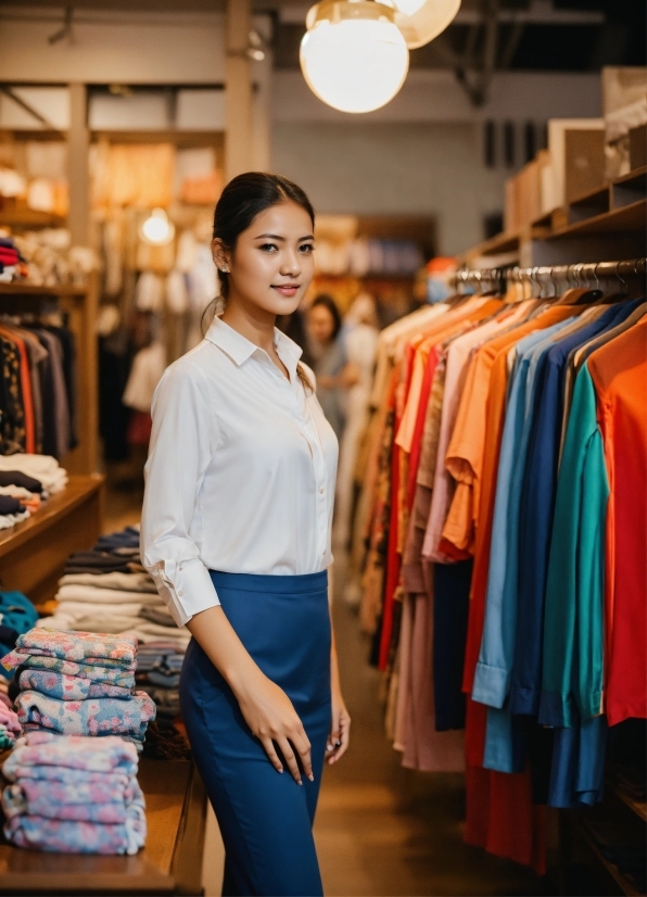 Blue, Textile, Sleeve, Standing, Smile, Fashion Design