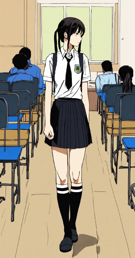 School Uniform, Cartoon, Human Body, Art, Black Hair, Knee