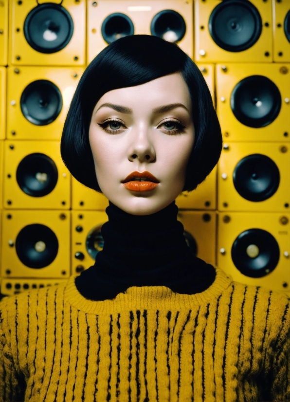 Hairstyle, Black, Eyelash, Yellow, Audio Equipment, Art