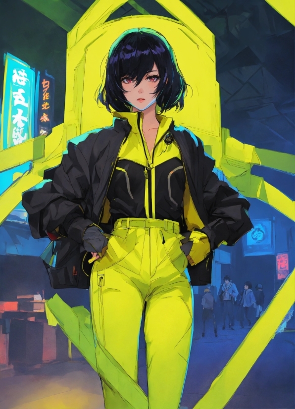 Yellow, Gesture, Cartoon, Black Hair, Thigh, Electric Blue