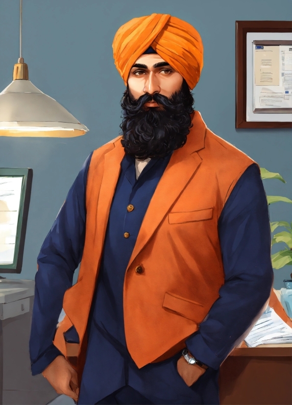 Outerwear, Beard, Orange, Sleeve, Collar, Headgear