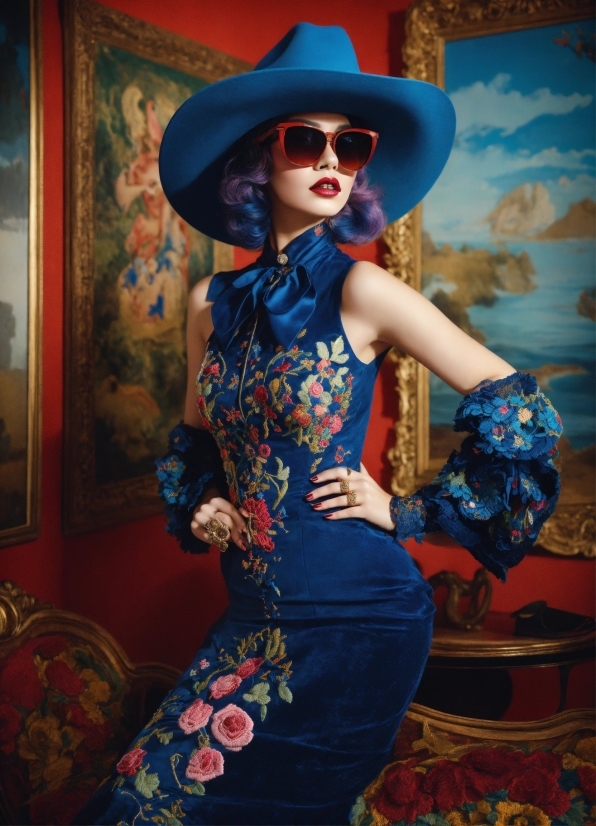 Hat, Blue, Azure, Dress, Sunglasses, Vision Care