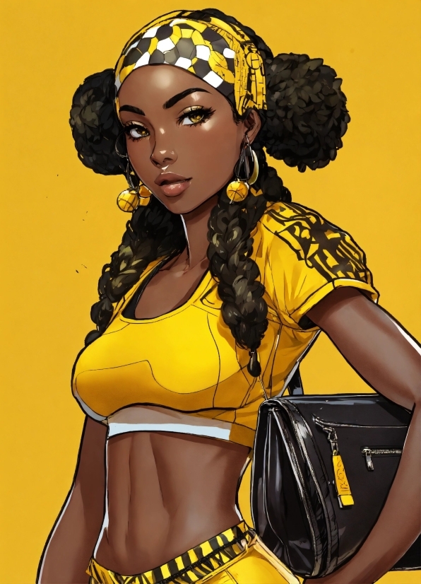Hairstyle, Yellow, Gesture, Thigh, Waist, Black Hair