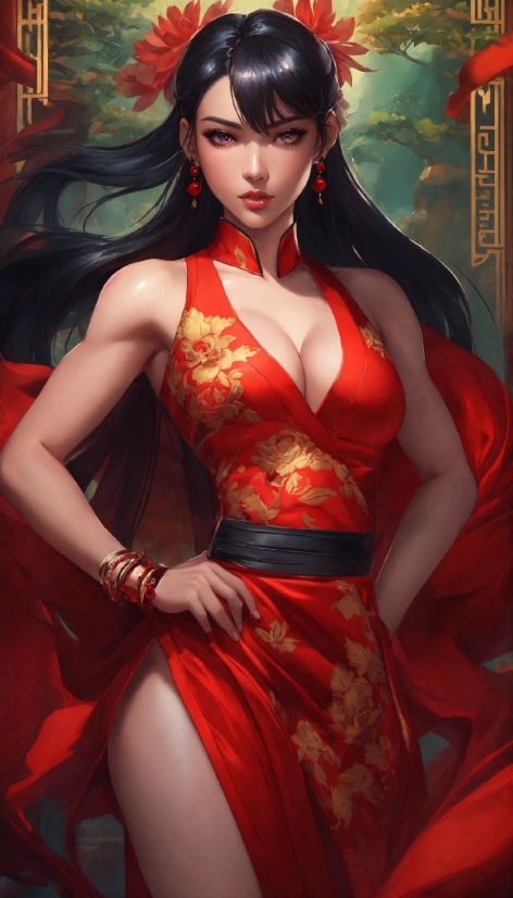 Fashion Design, Red, Cg Artwork, Thigh, Black Hair, Art