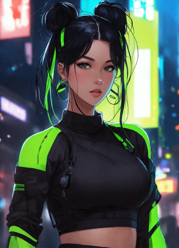 Head, Green, Black, Sleeve, Cartoon, Black Hair